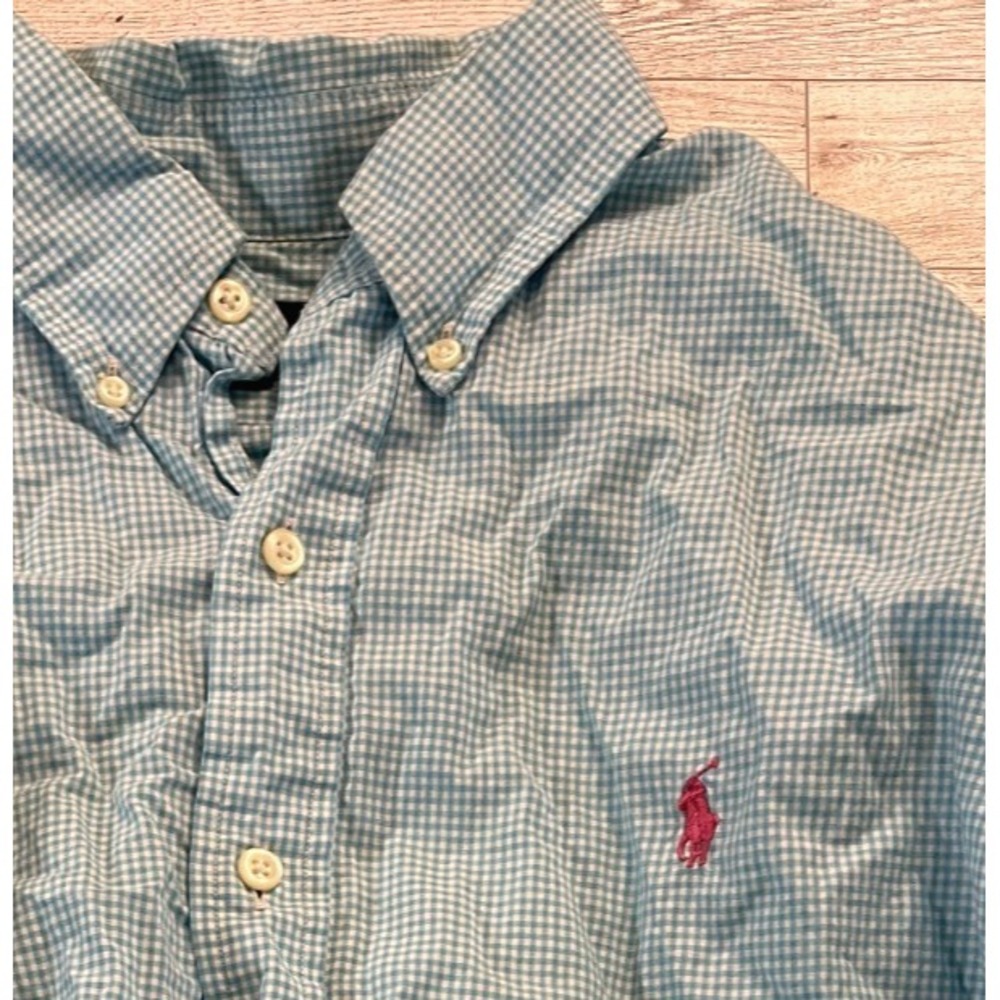 Mens Ralph Lauren Long Sleeve Polo Shirt Blue White Gingham Pink Pony LARGE